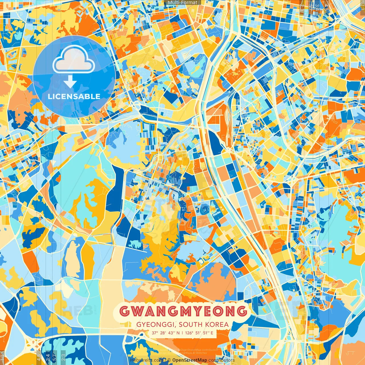 Gwangmyeong, Gyeonggi, South Korea blue and orange vector art map template