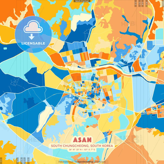 Asan, South Chungcheong, South Korea blue and orange vector art map template
