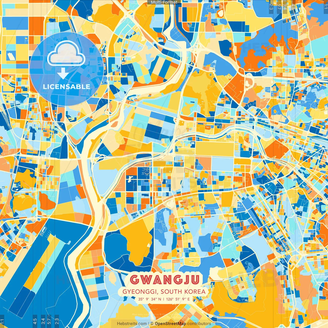 Gwangju, Gyeonggi, South Korea blue and orange vector art map template