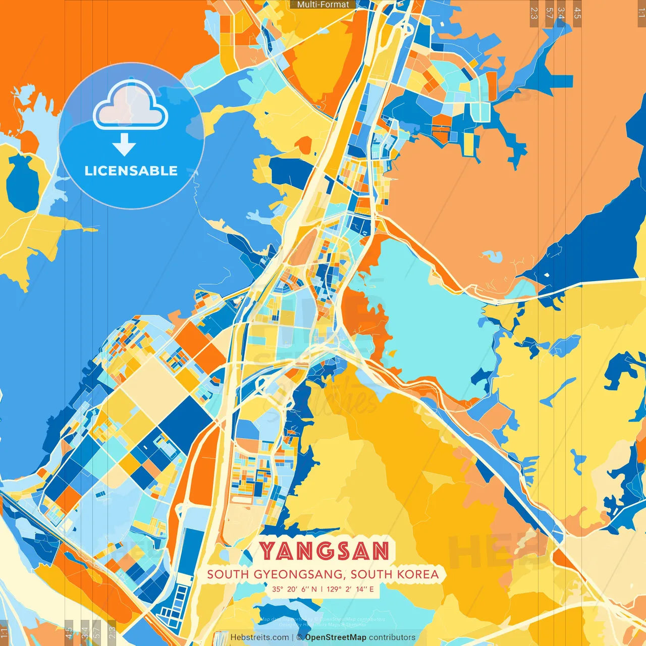 Yangsan, South Gyeongsang, South Korea blue and orange vector art map template