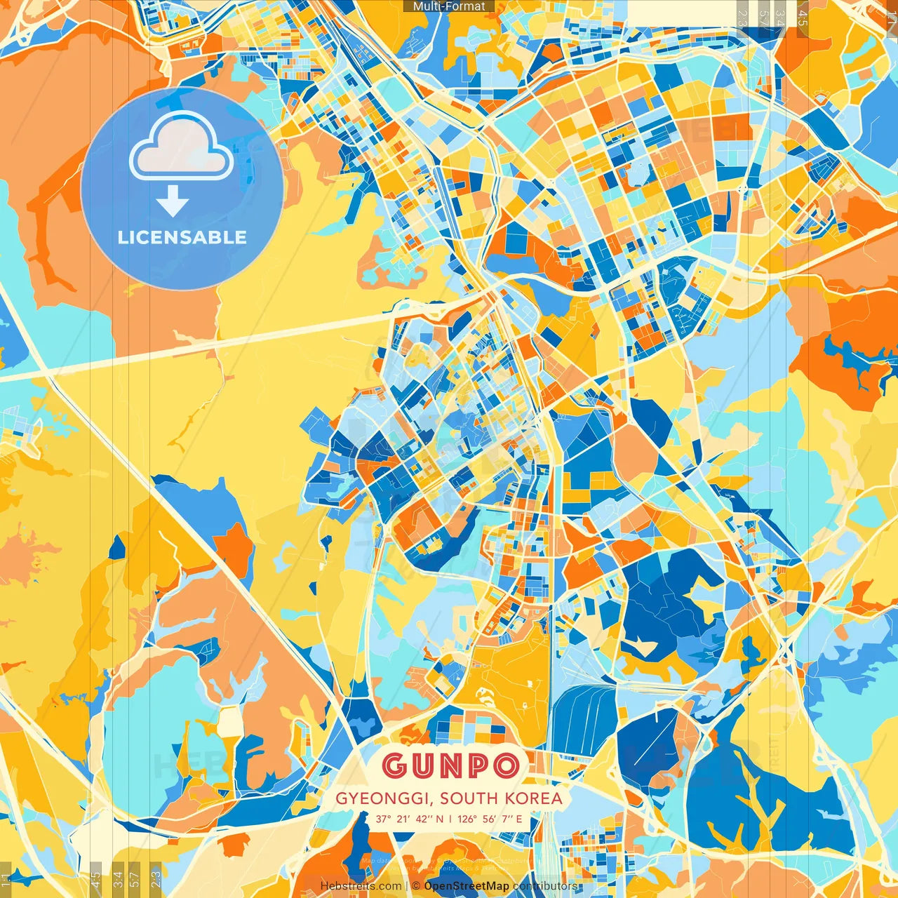 Gunpo, Gyeonggi, South Korea blue and orange vector art map template