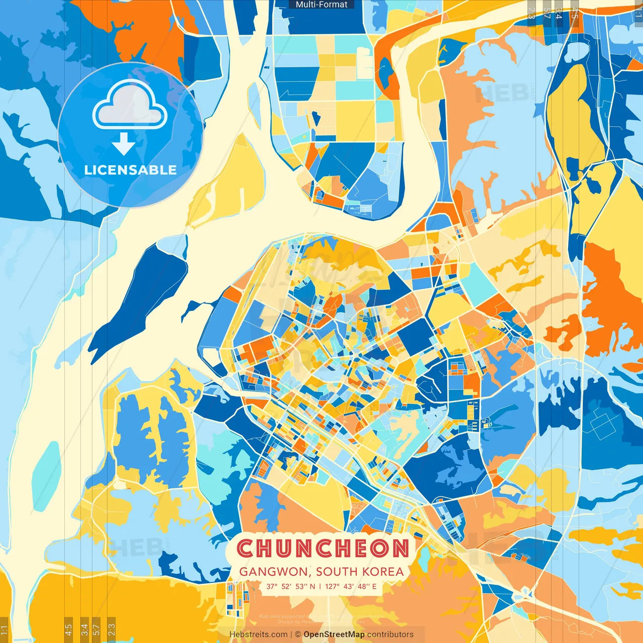 Chuncheon, Gangwon, South Korea blue and orange vector art map template