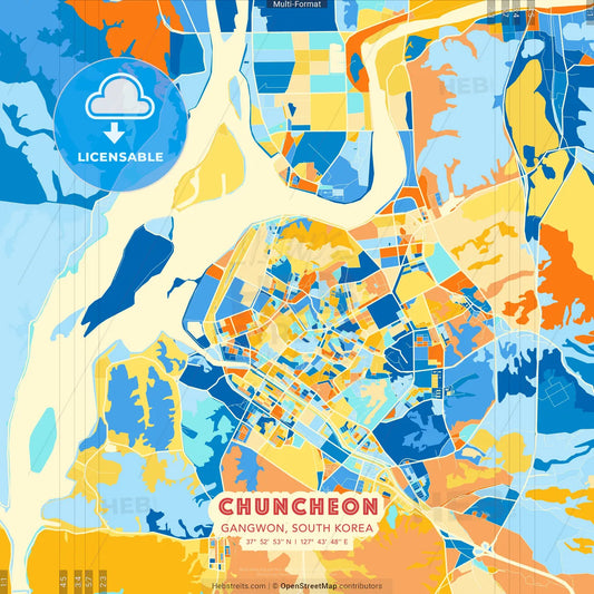 Chuncheon, Gangwon, South Korea blue and orange vector art map template