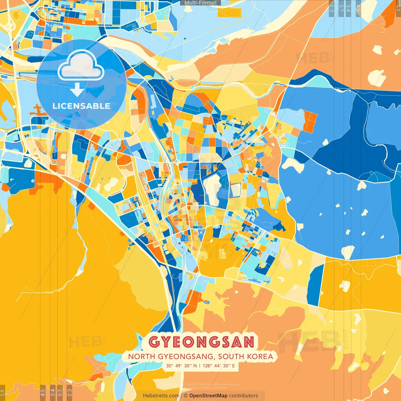 Gyeongsan, North Gyeongsang, South Korea blue and orange vector art map template