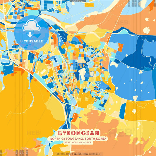 Gyeongsan, North Gyeongsang, South Korea blue and orange vector art map template