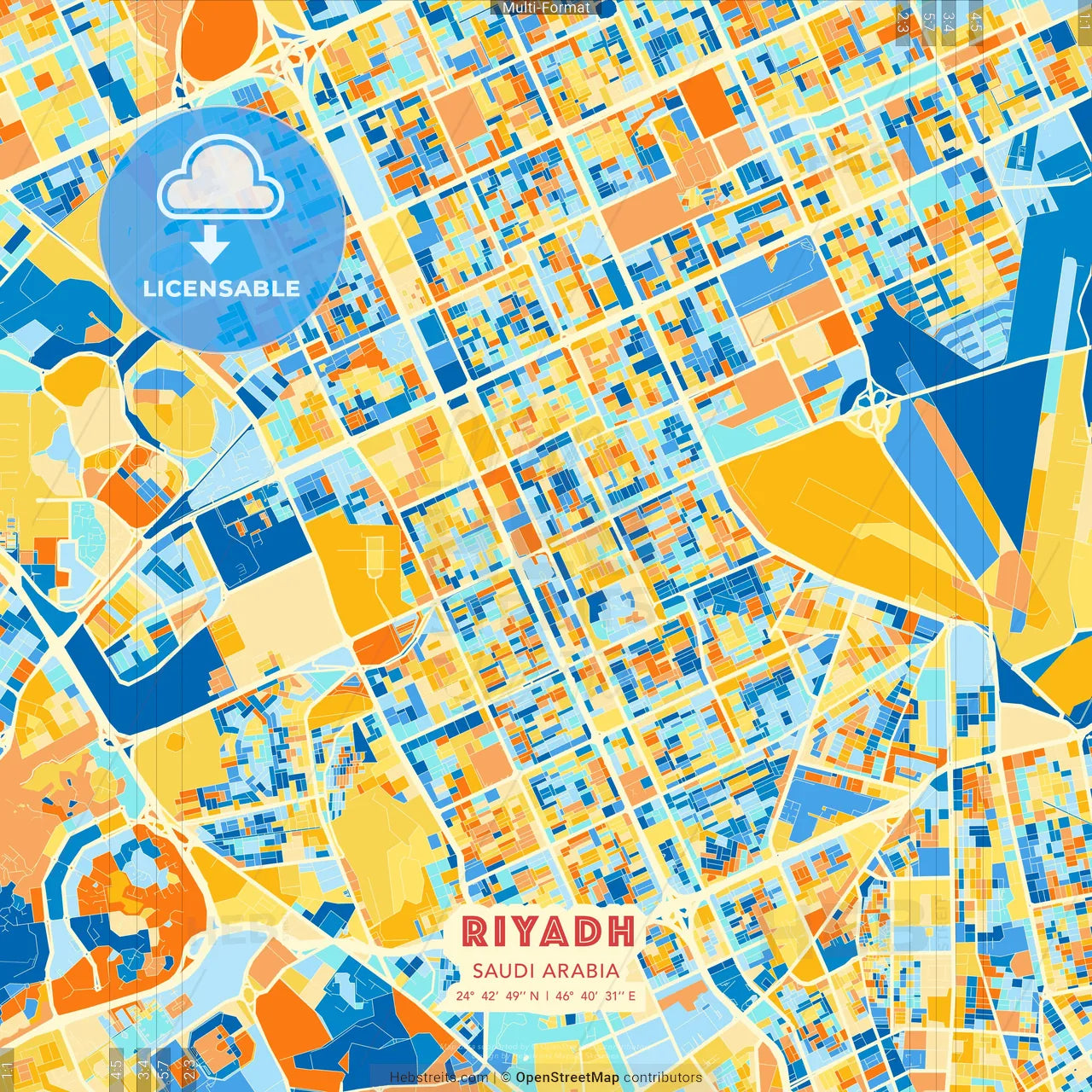 Riyadh, Saudi Arabia blue and orange vector art map template