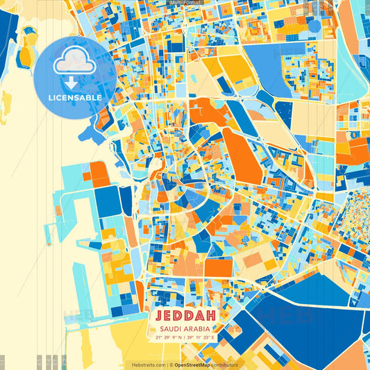 Jeddah, Saudi Arabia blue and orange vector art map template