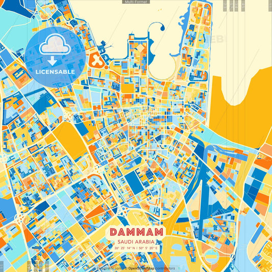 Dammam, Saudi Arabia blue and orange vector art map template