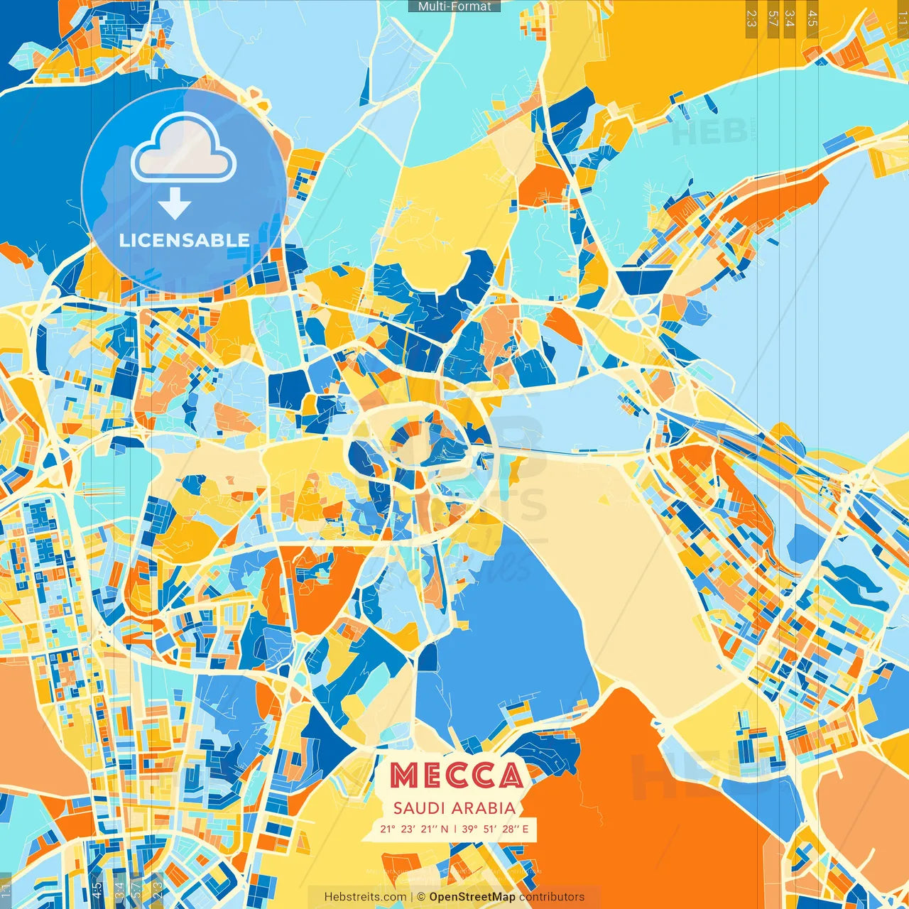 Mecca, Saudi Arabia blue and orange vector art map template