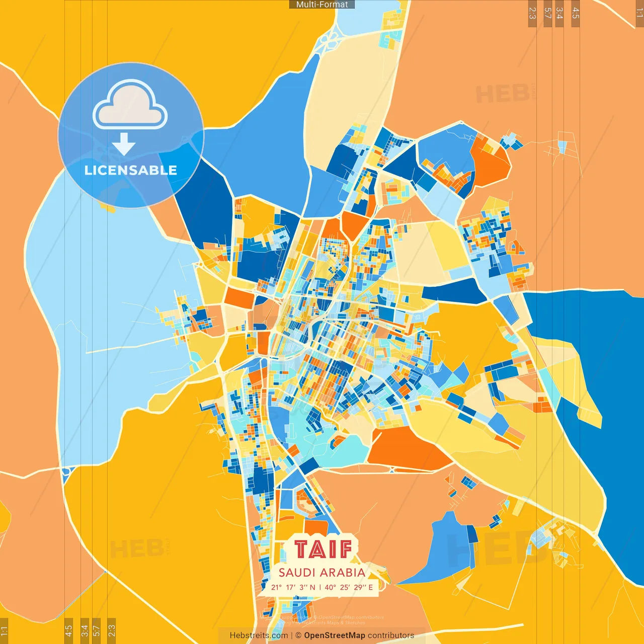 Taif, Saudi Arabia blue and orange vector art map template