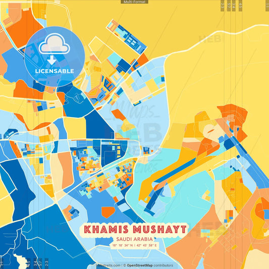 Khamis Mushayt, Saudi Arabia blue and orange vector art map template