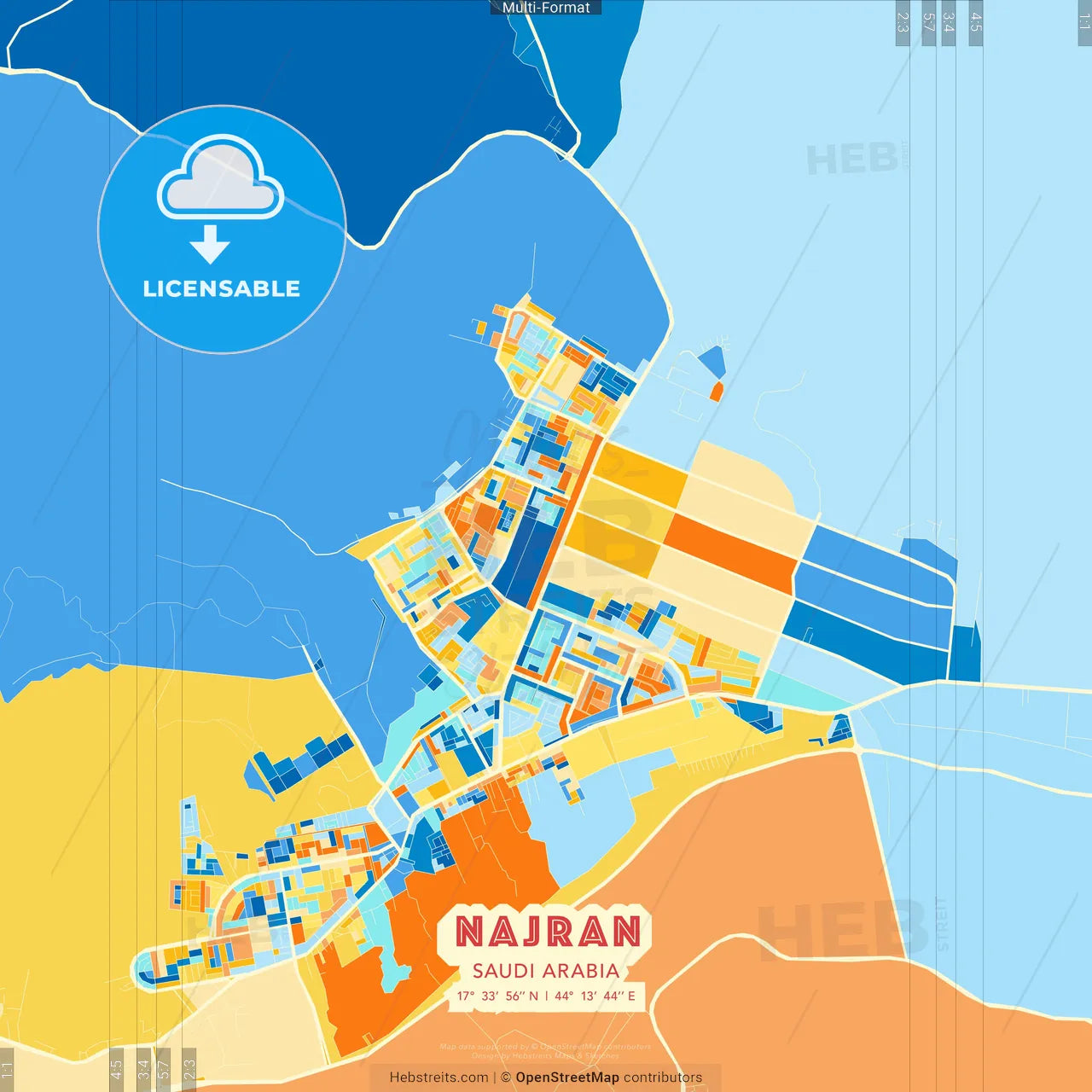 Najran, Saudi Arabia blue and orange vector art map template
