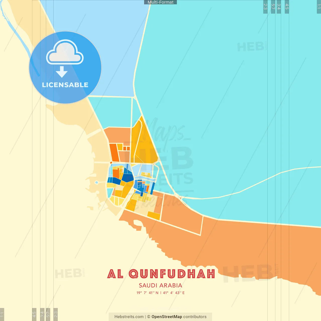 Al Qunfudhah, Saudi Arabia blue and orange vector art map template