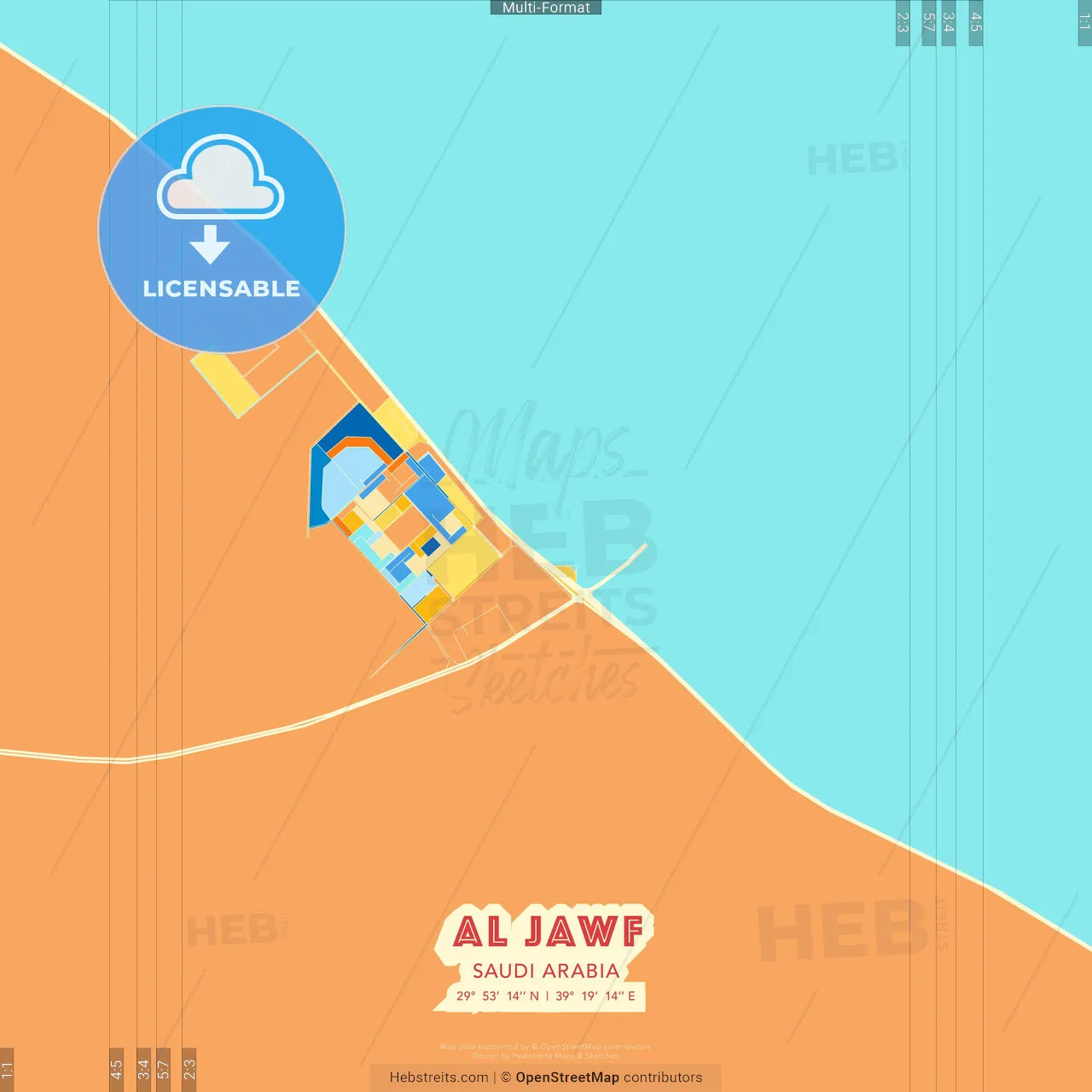 Al Jawf, Saudi Arabia blue and orange vector art map template