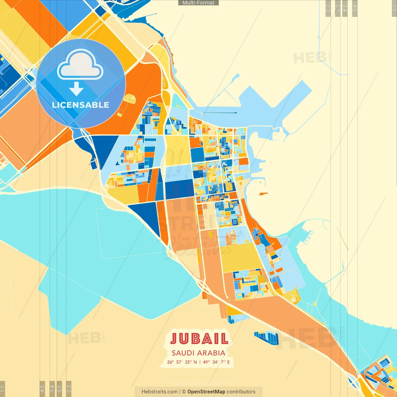 Jubail, Saudi Arabia blue and orange vector art map template