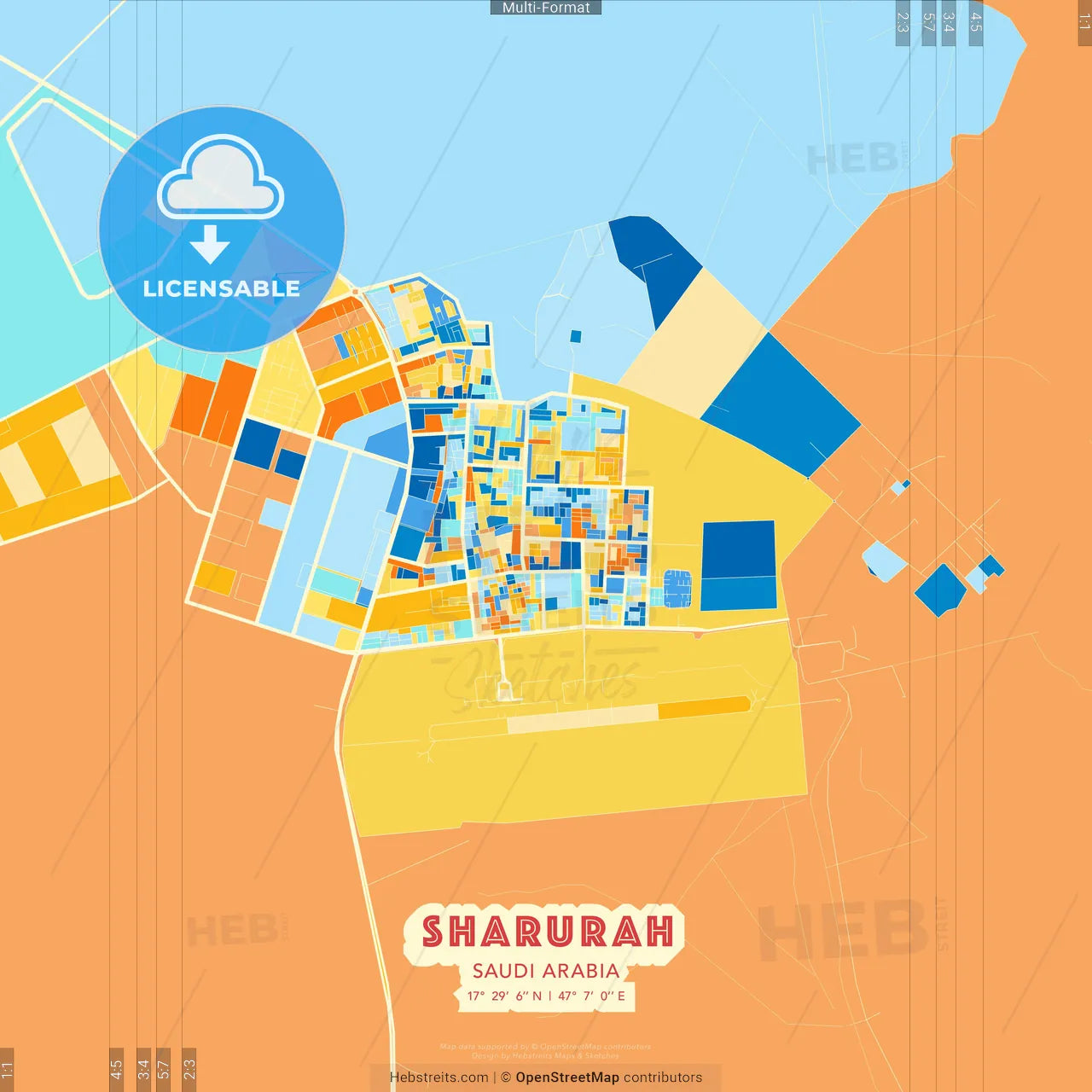 Sharurah, Saudi Arabia blue and orange vector art map template