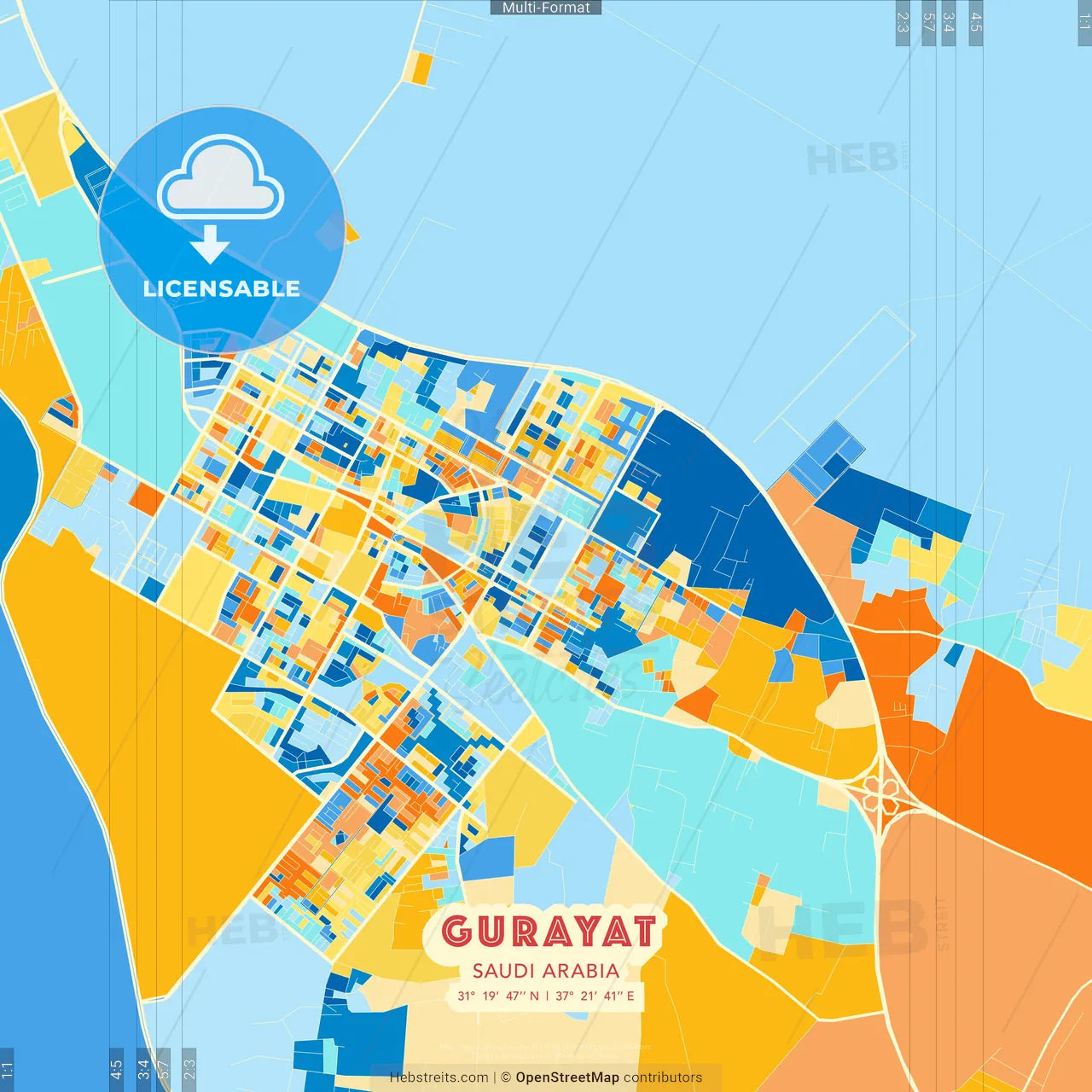 Gurayat, Saudi Arabia blue and orange vector art map template