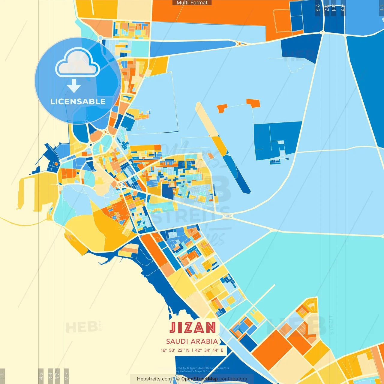 Jizan, Saudi Arabia blue and orange vector art map template