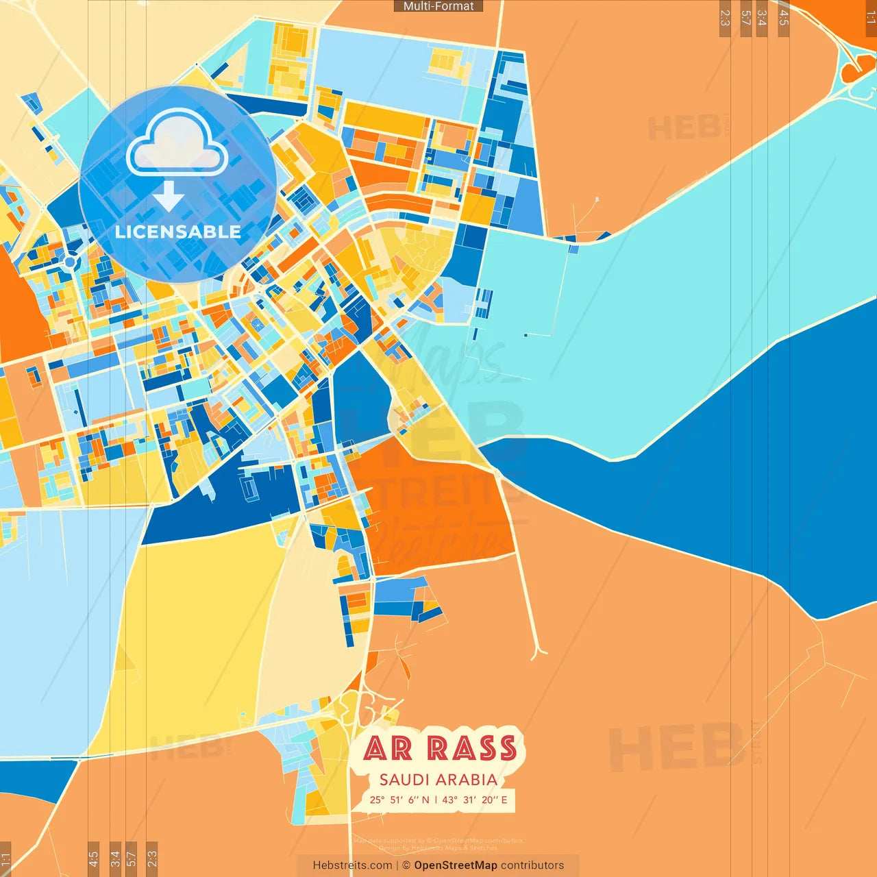 Ar Rass, Saudi Arabia blue and orange vector art map template