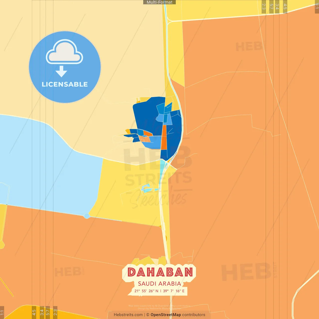 Dahaban, Saudi Arabia blue and orange vector art map template