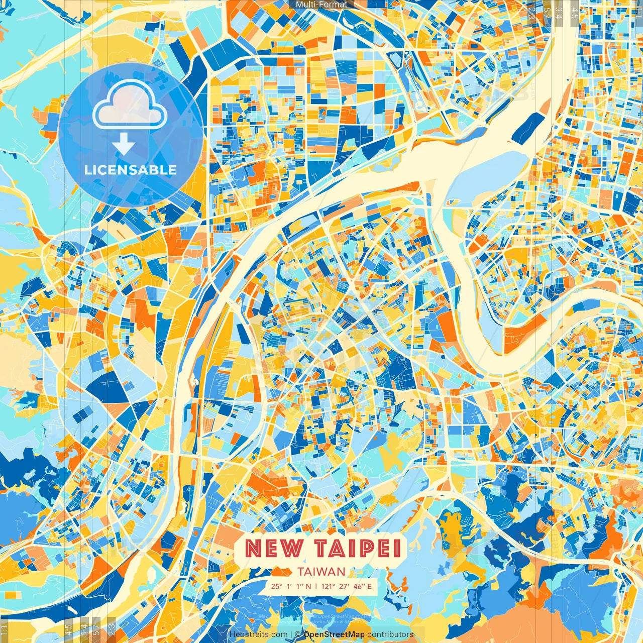 New Taipei, Taiwan blue and orange vector art map template