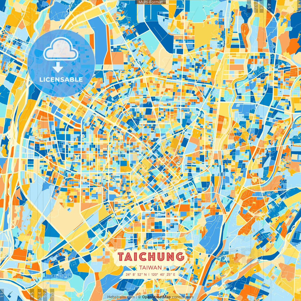 Taichung, Taiwan blue and orange vector art map template