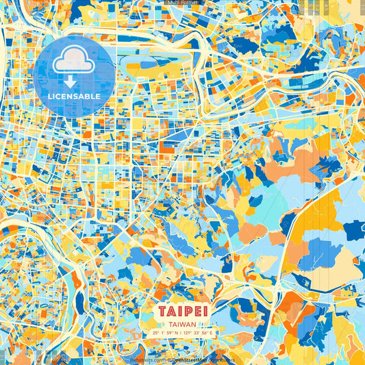 Taipei, Taiwan blue and orange vector art map template