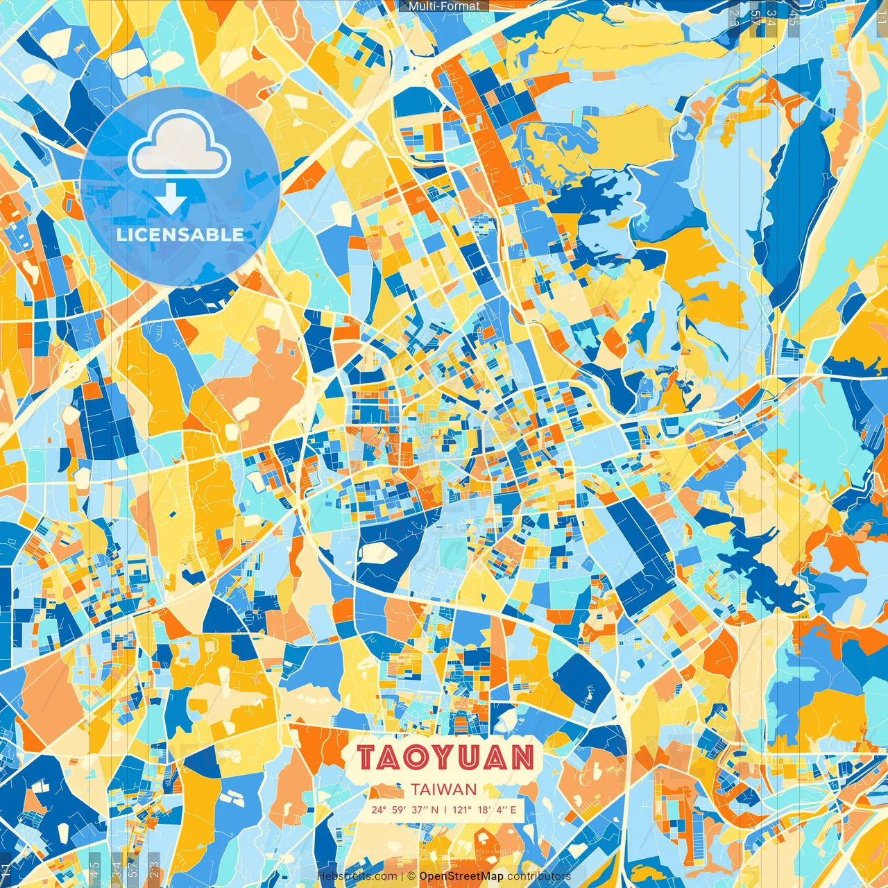Taoyuan, Taiwan blue and orange vector art map template