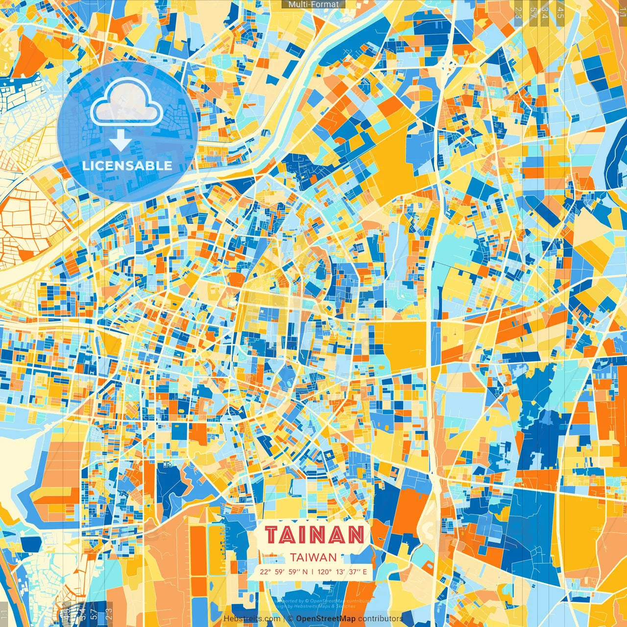 Tainan, Taiwan blue and orange vector art map template