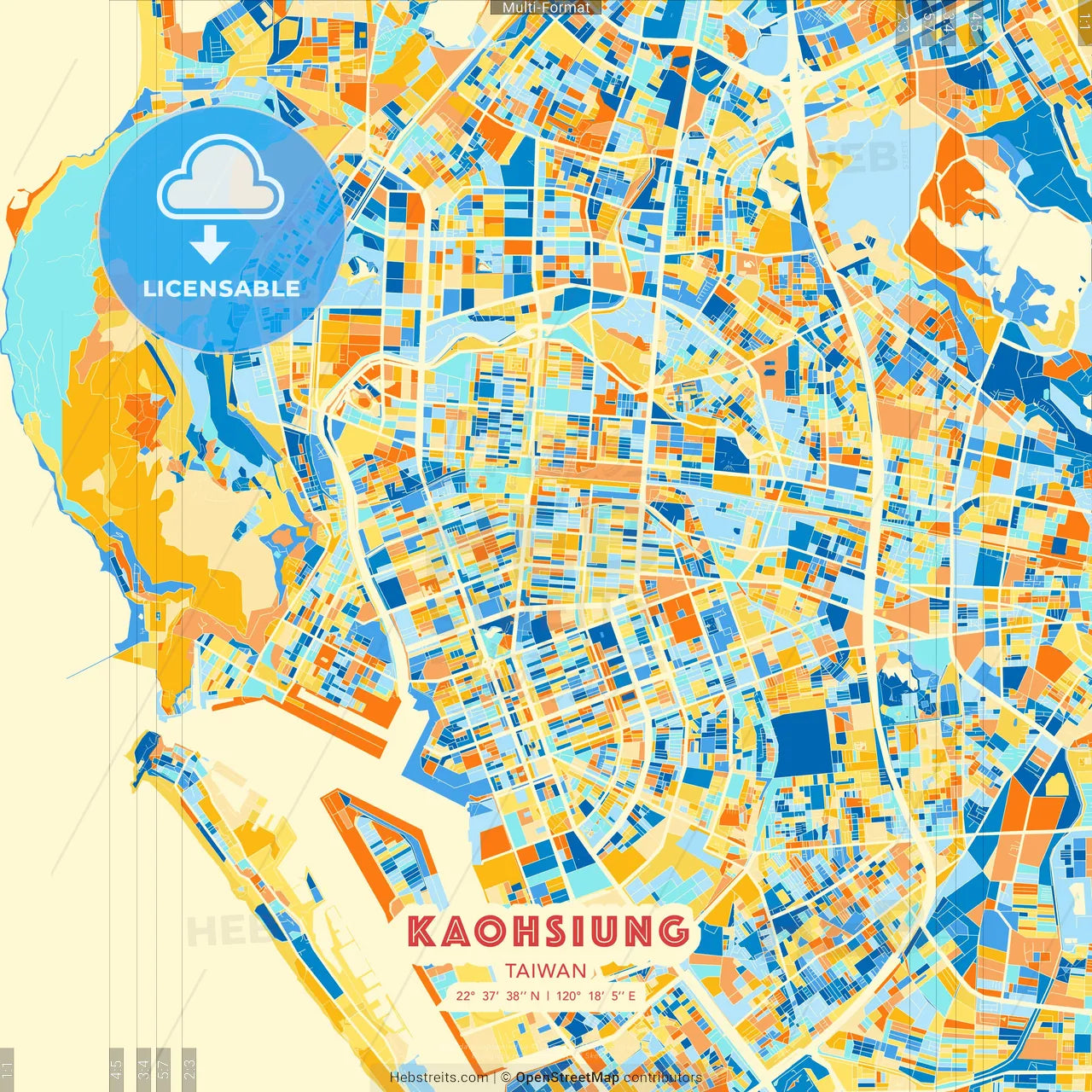 Kaohsiung, Taiwan blue and orange vector art map template