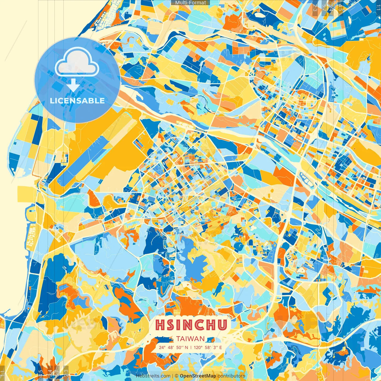 Hsinchu, Taiwan blue and orange vector art map template