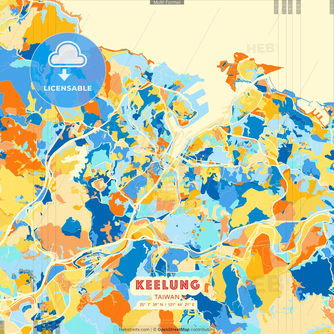 Keelung, Taiwan blue and orange vector art map template