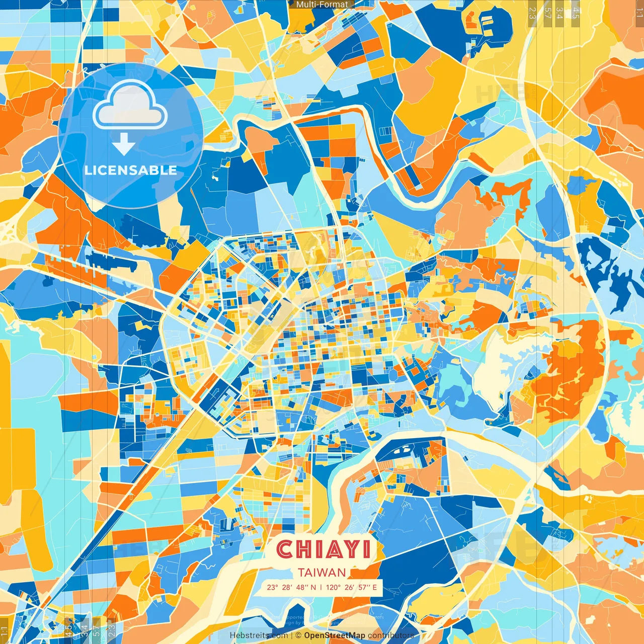 Chiayi, Taiwan blue and orange vector art map template