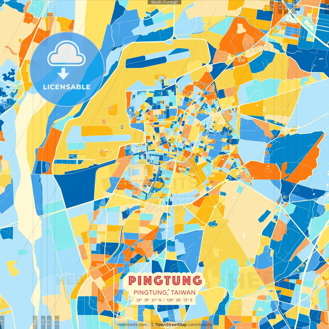Pingtung, Pingtung, Taiwan blue and orange vector art map template