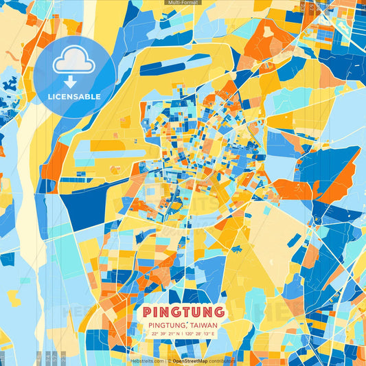 Pingtung, Pingtung, Taiwan blue and orange vector art map template