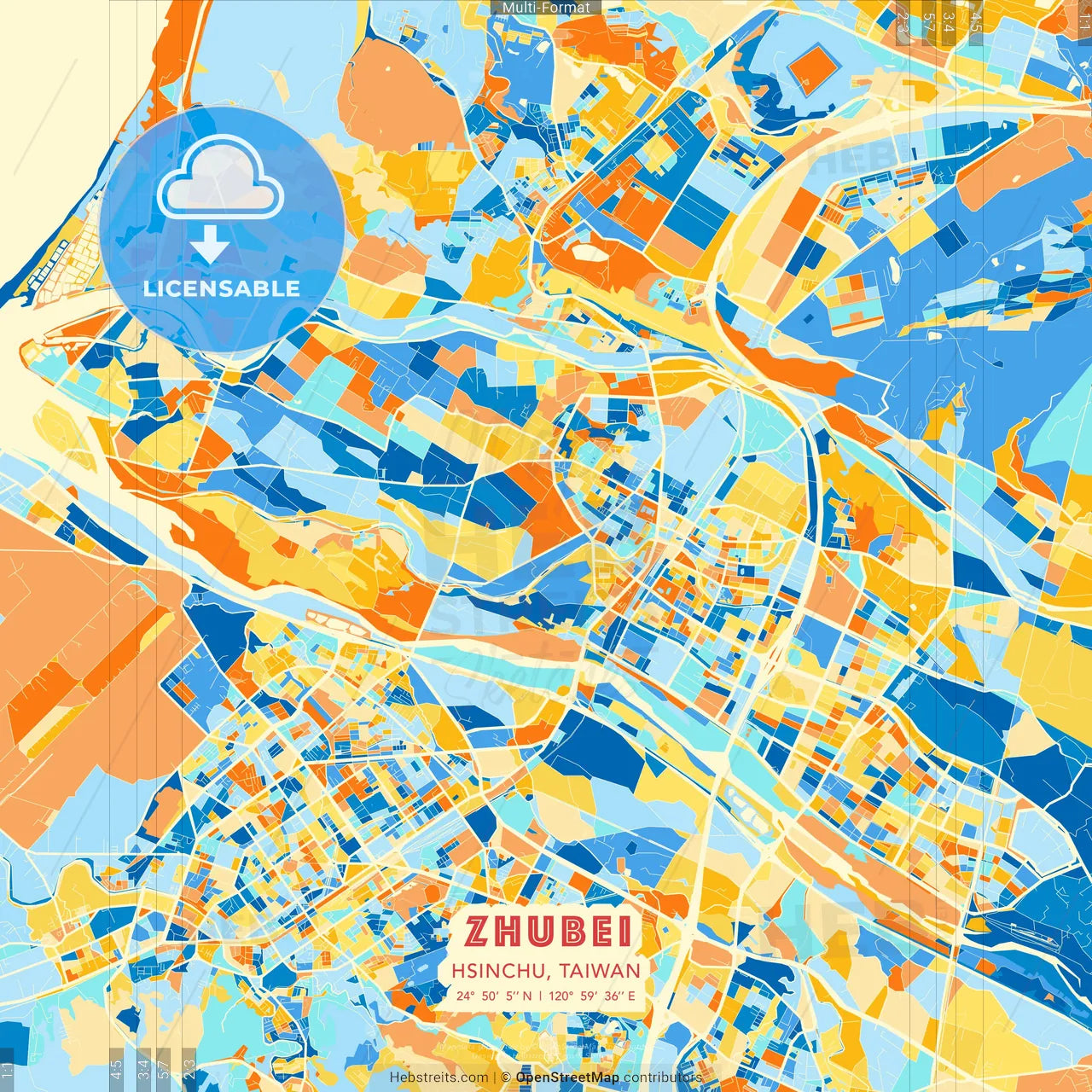 Zhubei, Hsinchu, Taiwan blue and orange vector art map template