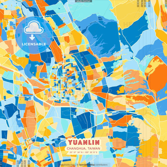 Yuanlin, Changhua, Taiwan blue and orange vector art map template