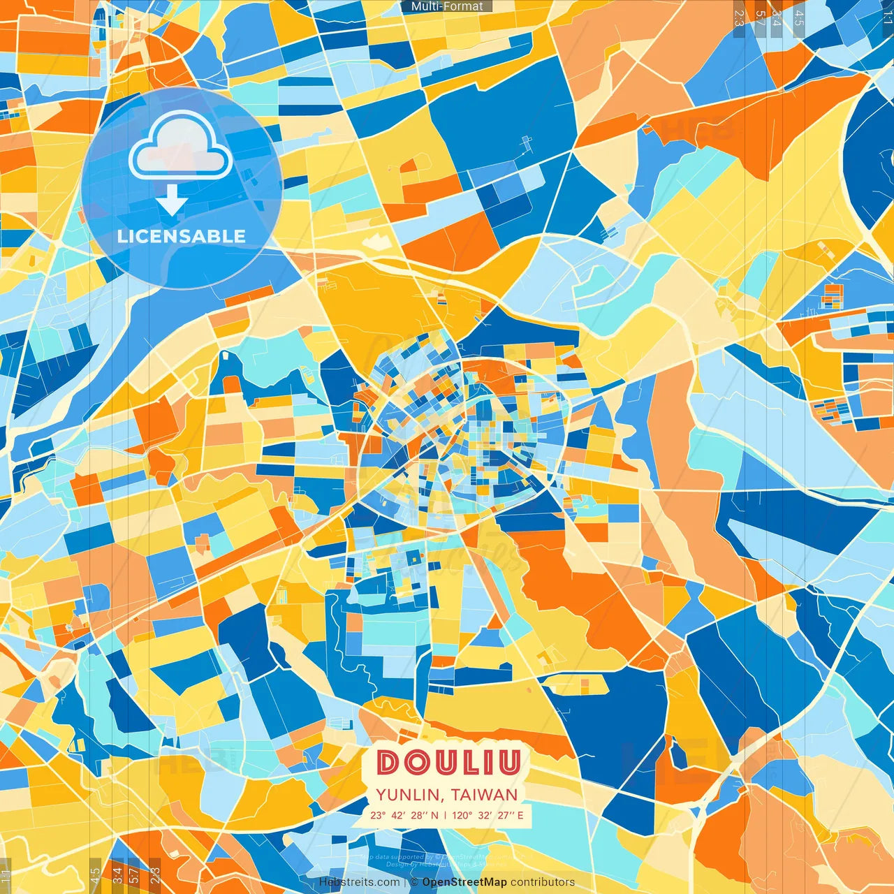 Douliu, Yunlin, Taiwan blue and orange vector art map template