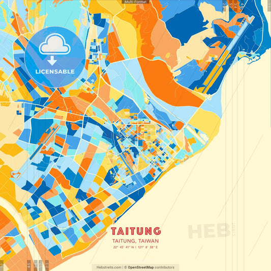 Taitung, Taitung, Taiwan blue and orange vector art map template