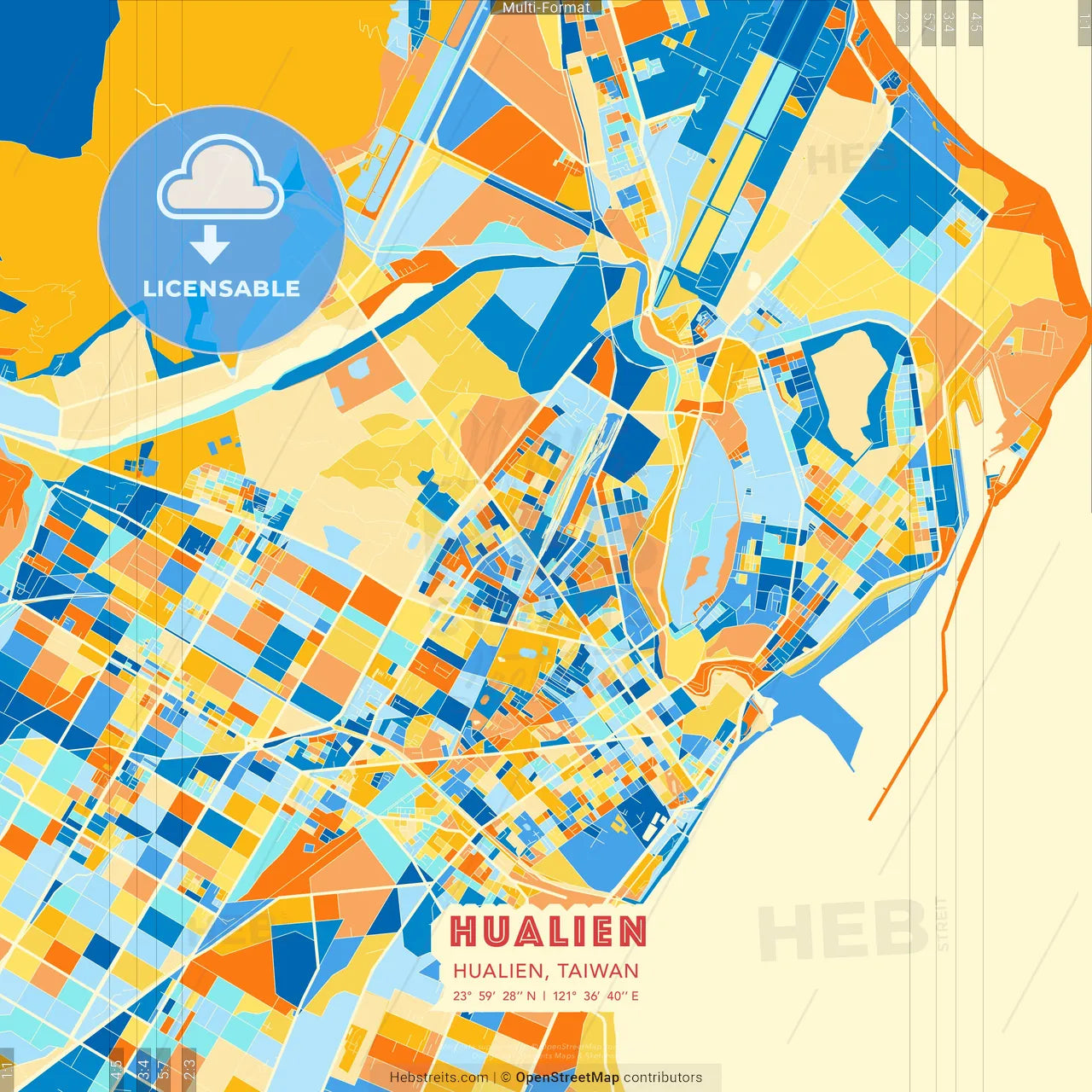 Hualien, Hualien, Taiwan blue and orange vector art map template