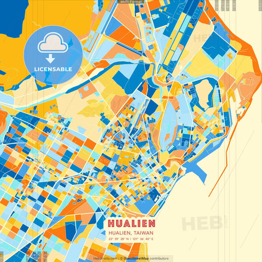 Hualien, Hualien, Taiwan blue and orange vector art map template