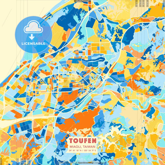 Toufen, Miaoli, Taiwan blue and orange vector art map template