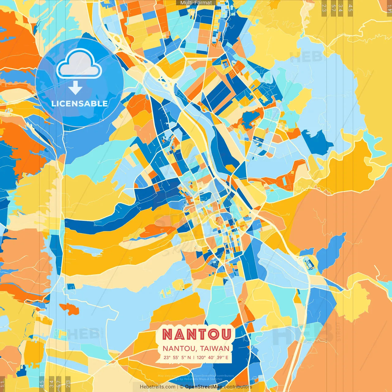 Nantou, Nantou, Taiwan blue and orange vector art map template