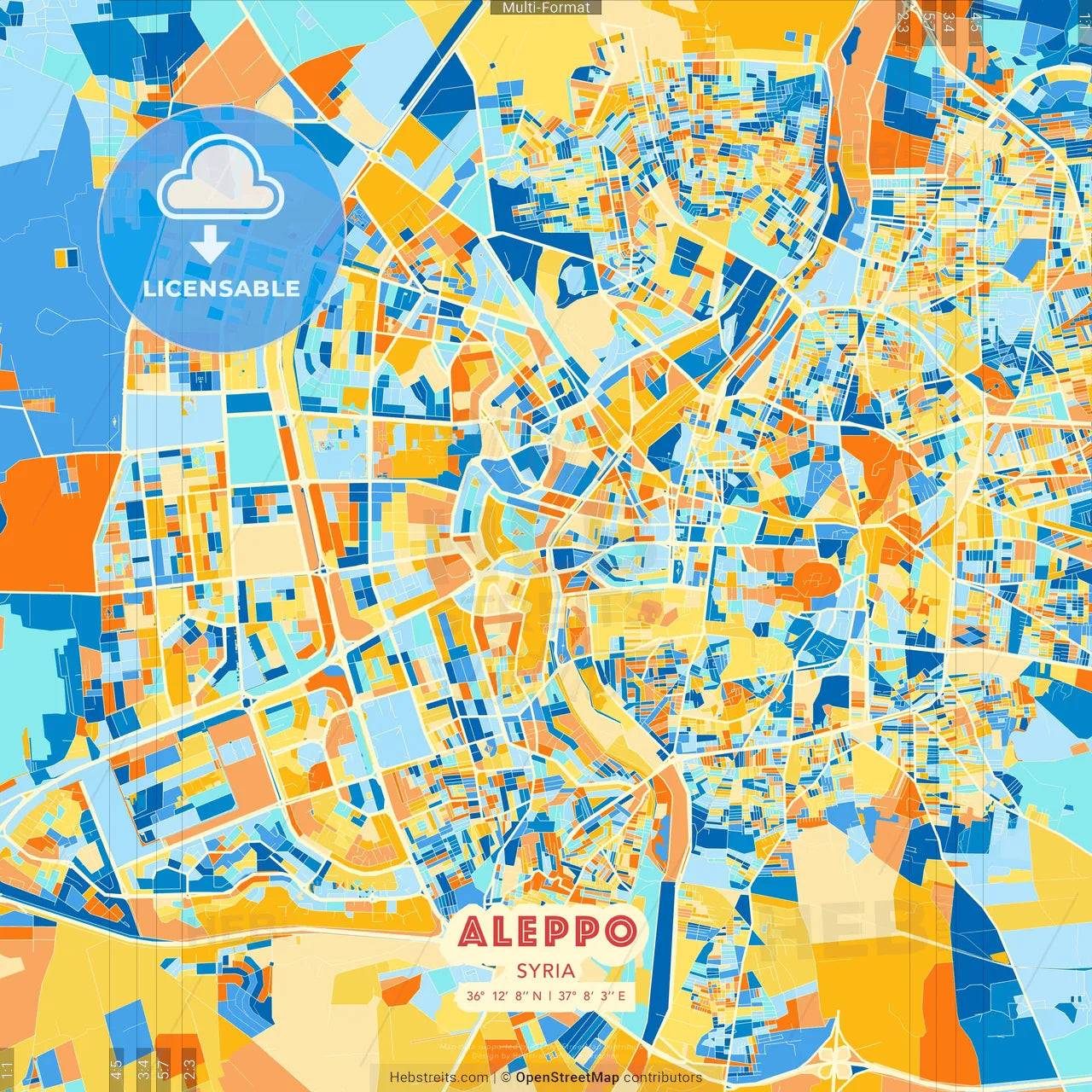 Aleppo, Syria blue and orange vector art map template