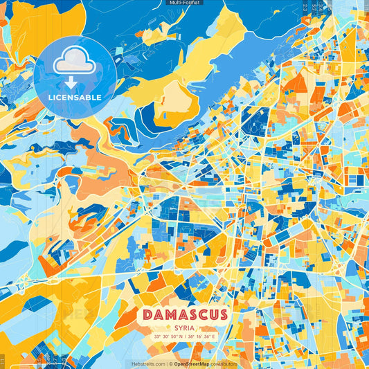 Damascus, Syria blue and orange vector art map template