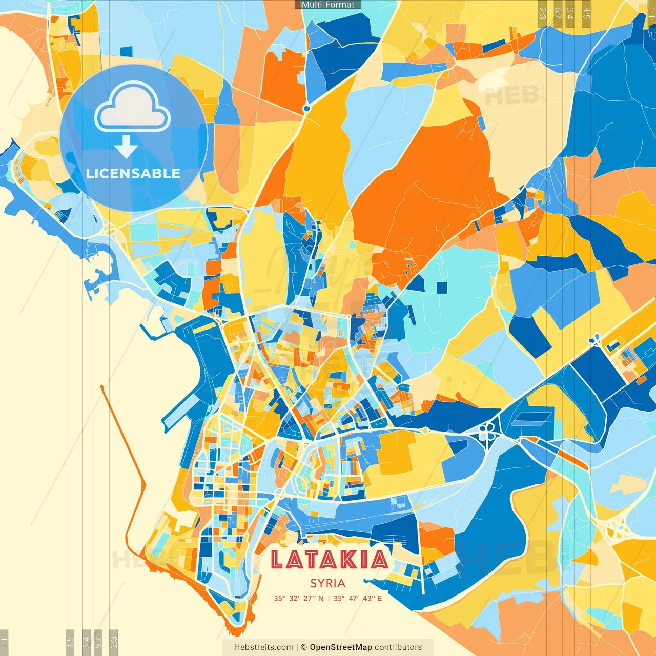 Latakia, Syria blue and orange vector art map template