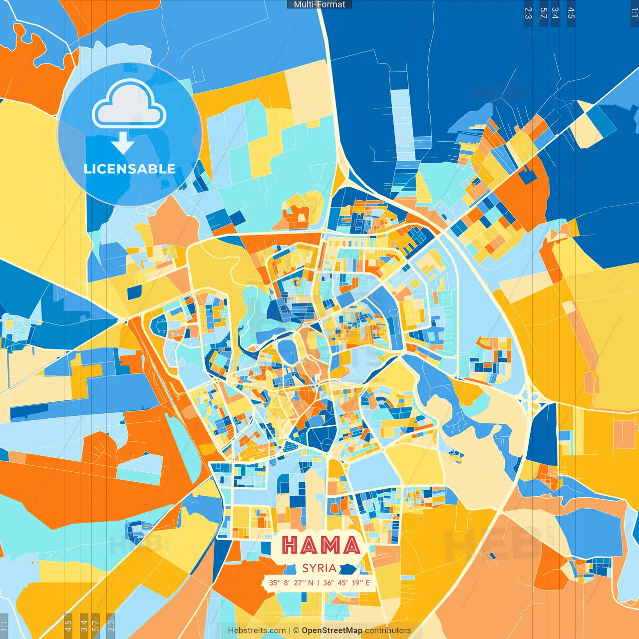 Hama, Syria blue and orange vector art map template