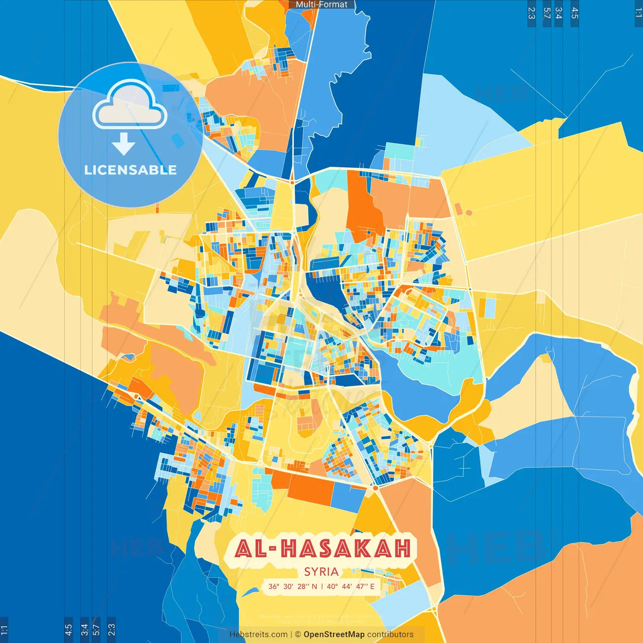 Al-Hasakah, Syria blue and orange vector art map template