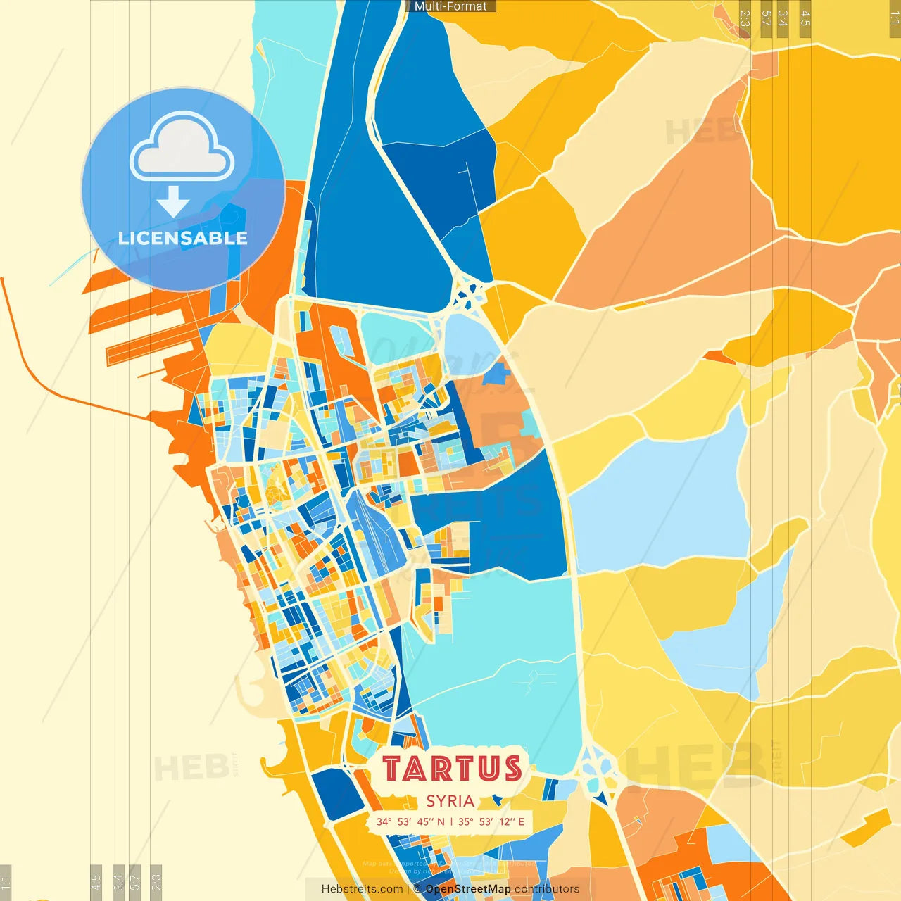 Tartus, Syria blue and orange vector art map template