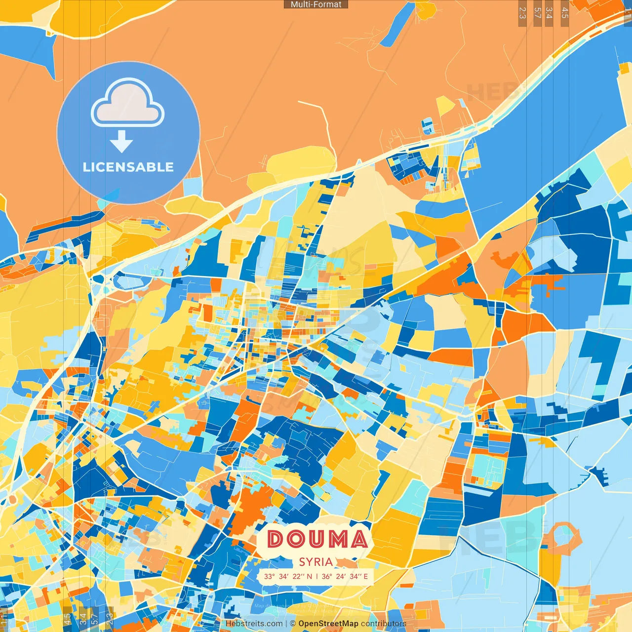 Douma, Syria blue and orange vector art map template